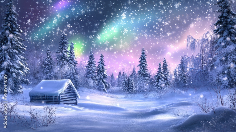 A Snowy Forest with a Cabin and Northern Lights A Snowy Forest with a Cabin and Northern Lights