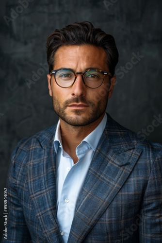 A sophisticated portrait of a male venture capitalist in a sharp suit and designer glasses, dark grey textured background, vertical 