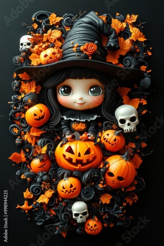 Adorable Halloween Witch Figures with Pumpkins and Skulls - Festive Fantasy Collection