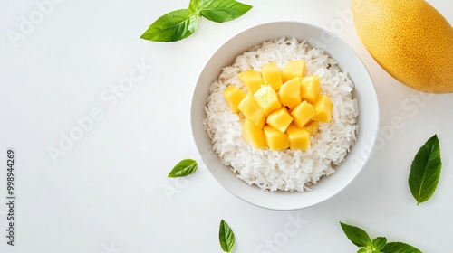 Wallpaper Mural Mango sticky rice with coconut cream, placed on a clean white minimalist background Torontodigital.ca