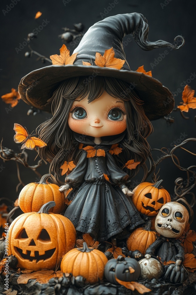 Adorable Halloween Witch Figures with Pumpkins and Skulls - Festive Fantasy Collection Adorable Halloween Witch Figures with Pumpkins and Skulls - Festive Fantasy Collection