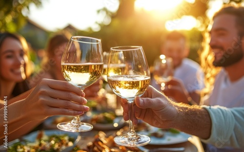 Friends Toasting with White Wine at an Outdoor Table During Golden Hour