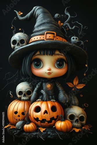 Adorable Halloween Witch Figures with Pumpkins and Skulls - Festive Fantasy Collection