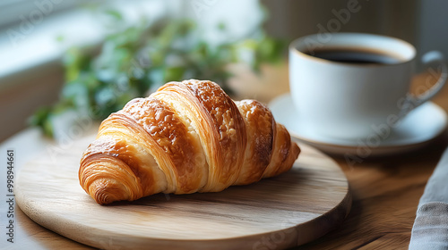 Croissant on wooden board with cup of coffee by the window 