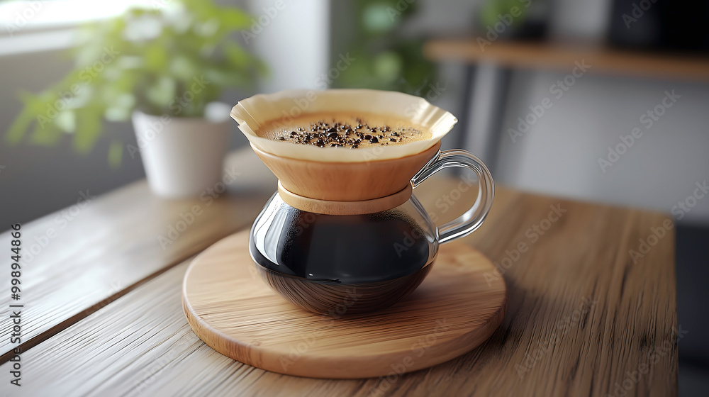 Pour over coffee brewing in glass carafe on wooden board
Pour over coffee brewing in glass carafe on wooden board