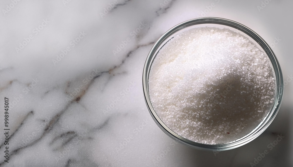 Granulated sugar in a glass bowl on a marble background Granulated sugar in a glass bowl on a marble background