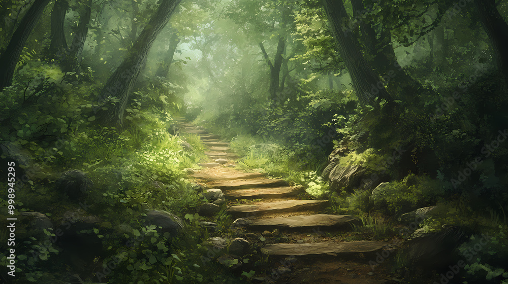 Fototapeta premium Fantasy forest path. Dryad. Illustration