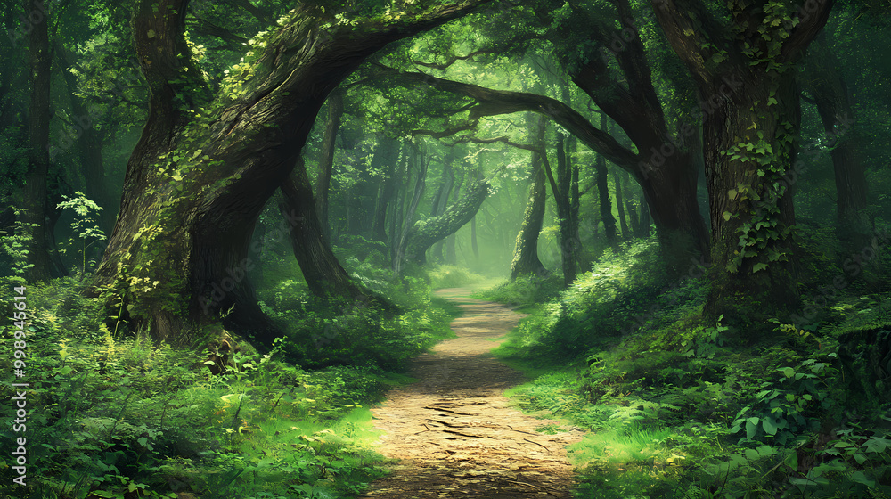 Obraz premium Fantasy forest path. Dryad. Illustration
