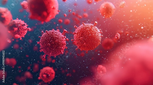 A vibrant, close-up view of red virus-like entities floating in a colorful space, illustrating a microscopic world filled with microbial life.