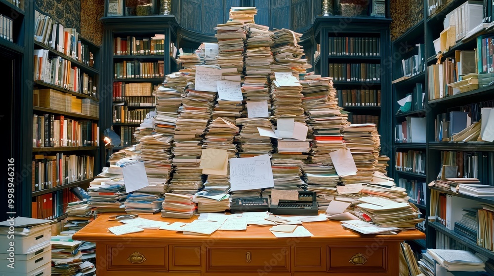 A Towering Pile of Papers in a Library, Overflowing Bookshelves, and a Desk, Overwhelmed, Literature, Research A Towering Pile of Papers in a Library, Overflowing Bookshelves, and a Desk, Overwhelmed, Literature, Research