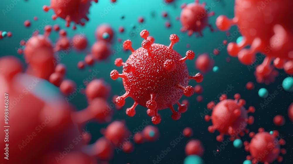 A close-up view of red viruses, showcasing their structure against a blurred blue background, evoking themes of health, illness, and microbiology. A close-up view of red viruses, showcasing their structure against a blurred blue background, evoking themes of health, illness, and microbiology.