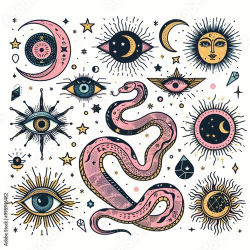 Vector snake set of mystical magic objects- moon, eyes, constellations, sun and stars. Spiritual occultism symbols, esoteric objects.