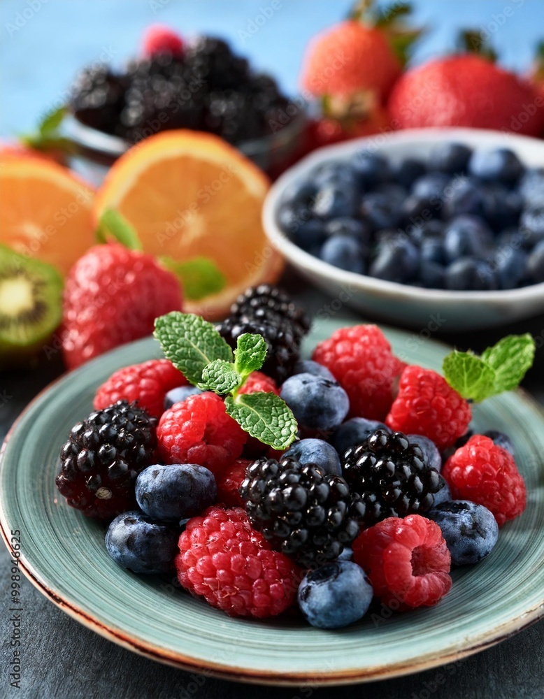 Vibrant fruit garnishes with depth of field showcasing berry clusters and mint leaves Vibrant fruit garnishes with depth of field showcasing berry clusters and mint leaves