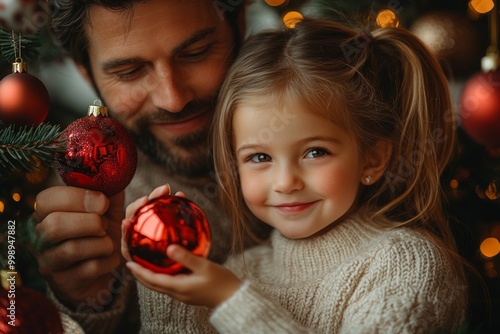 Portrait of a father and daughter decorating a Christmas tree. Christmas concept. Happy family decorating christmas tree photo