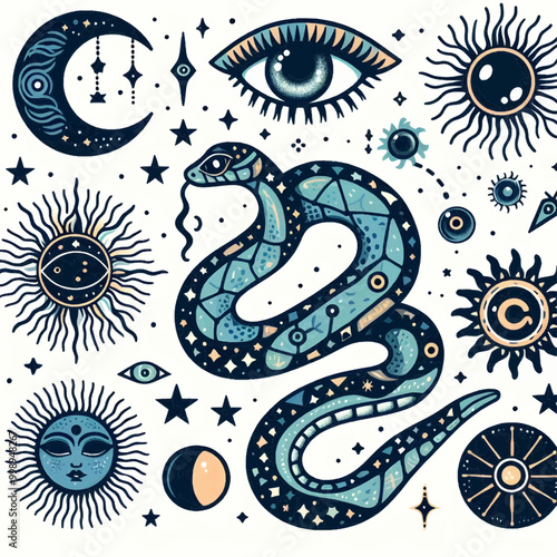Vector snake set of mystical magic objects- moon, eyes, constellations, sun and stars. Spiritual occultism symbols, esoteric objects.