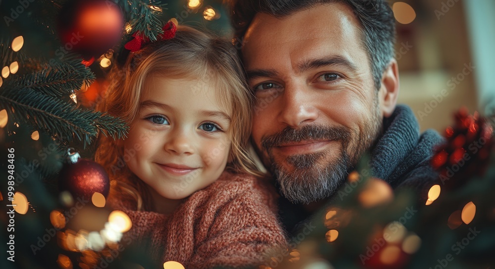 Portrait of a father and daughter decorating a Christmas tree. Christmas concept. Happy family decorating christmas tree Portrait of a father and daughter decorating a Christmas tree. Christmas concept. Happy family decorating christmas tree