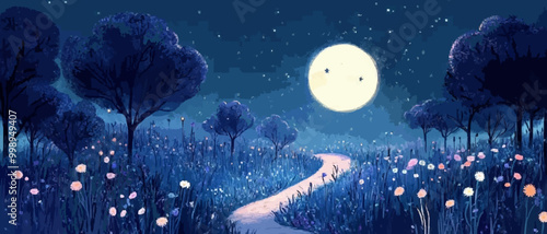 Manga Full Moon Night with Moonlit Garden Path