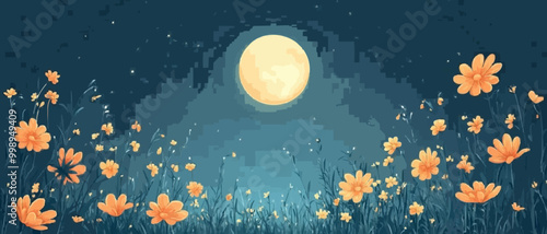Cartoon Night Sky with Whimsical Flowers and Full Moon