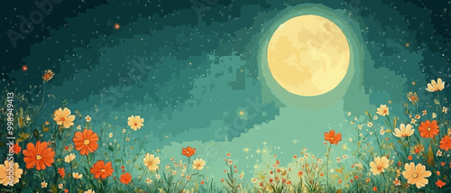 Cartoon Night Sky with Whimsical Flowers and Full Moon