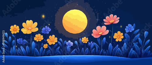 Cartoon Night Sky with Whimsical Flowers and Full Moon