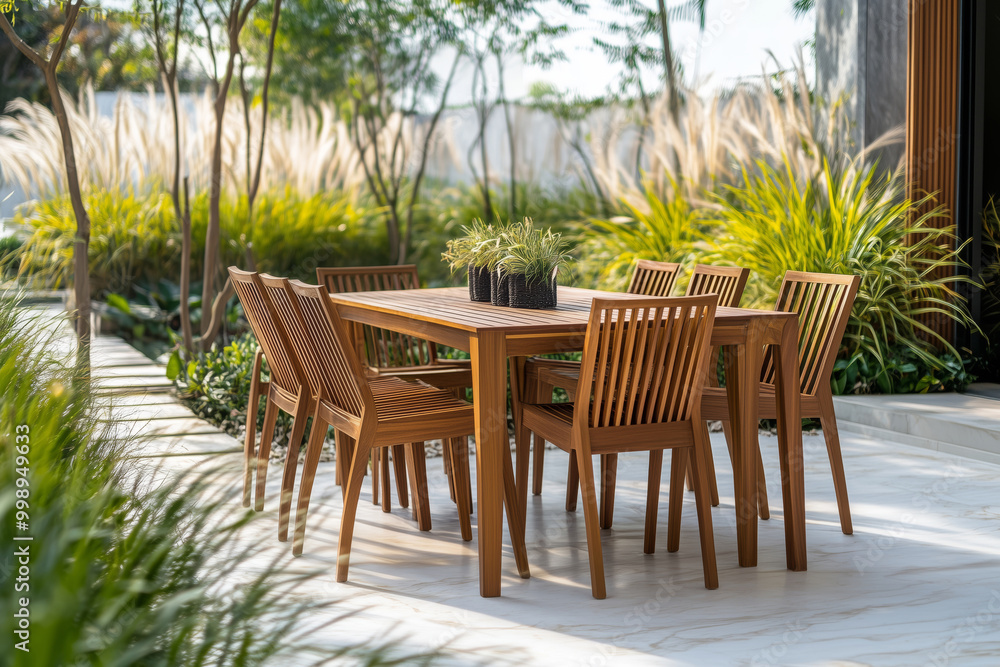 Outdoor dining area with modern wooden furniture in a garden setting Outdoor dining area with modern wooden furniture in a garden setting