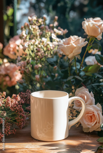 White coffee cup mock-up on a garden table surrounded by flowers