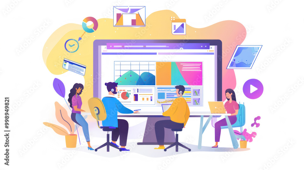 A team of marketers analyzing the performance of their video ads, optimizing for views, engagement, and conversions. A team of marketers analyzing the performance of their video ads, optimizing for views, engagement, and conversions.