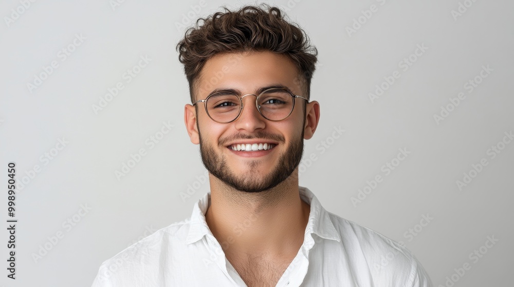 Obraz premium Smiling Man in White Shirt and Glasses, Portrait, White Background, man, portrait