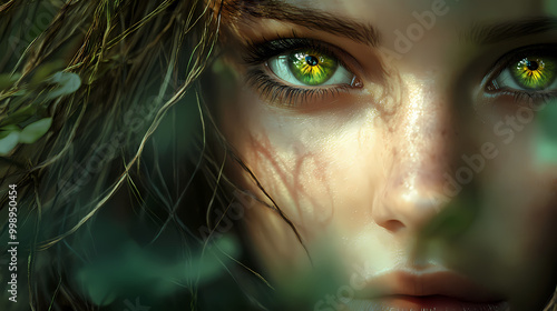 Green-eyed woman with nature-inspired aura - a captivating digital portrait of a green-eyed woman with a natural, outdoor-inspired aesthetic. Dryad. Illustration photo