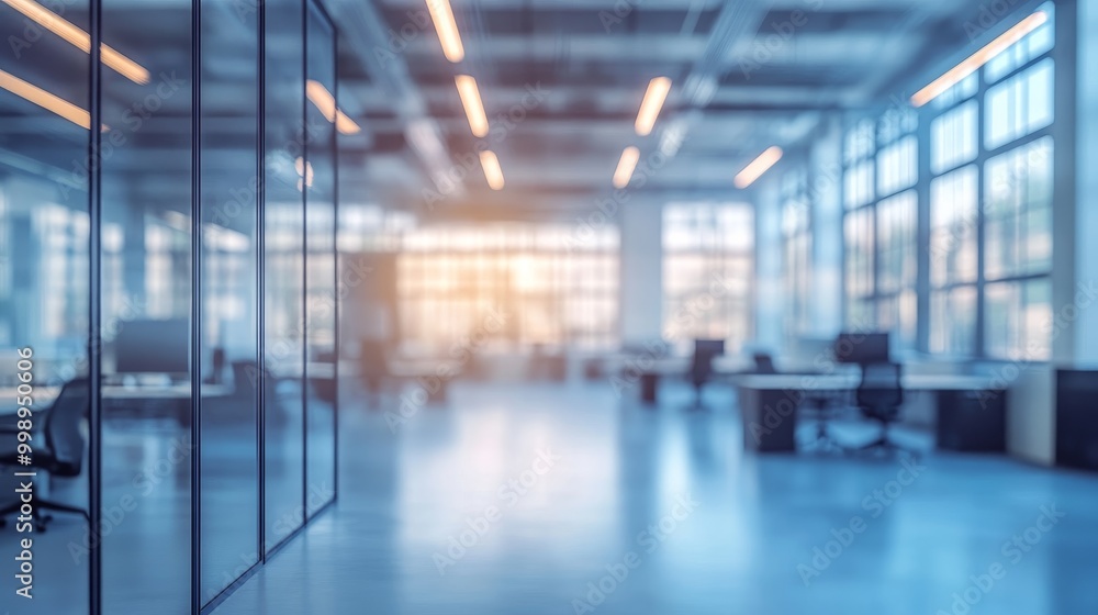 Fototapeta premium Abstract Blurred Office Interior with Glass Walls and Windows, Blur, Abstract, Office, Design