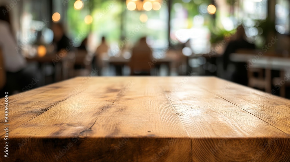 Closeup of a Wooden Table with a Blurred Cafe Background, Restaurant, Cafe Closeup of a Wooden Table with a Blurred Cafe Background, Restaurant, Cafe