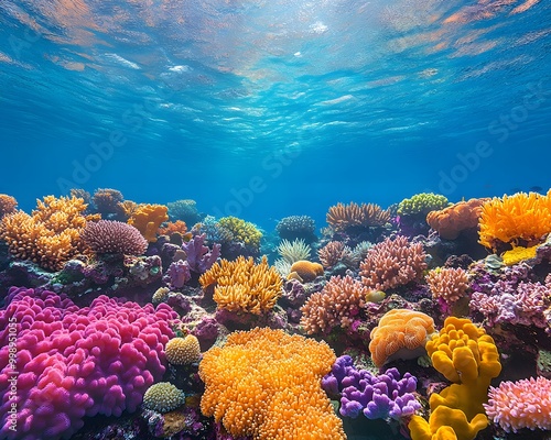 Bright and detailed illustration of an underwater coral reef, perfect for use in environmental conservation campaign or as part of educational materials about ocean conservation and marine ecosystems. photo