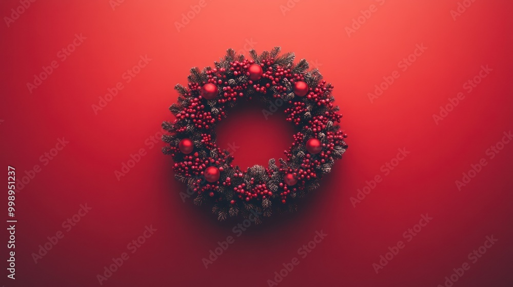 Red Christmas Wreath with Berries and Ornaments on a Red Background Red Christmas Wreath with Berries and Ornaments on a Red Background