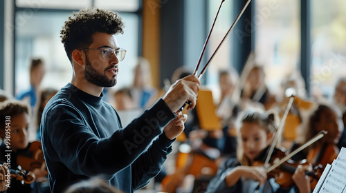 A music teacher conducting a multiethnic school orchestra during rehearsal, capturing the dynamic interaction between the teacher and the young musicians