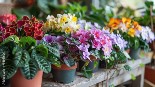 Wallpaper Mural Bright, colorful potted flowers arranged on a wooden shelf in a garden center Torontodigital.ca