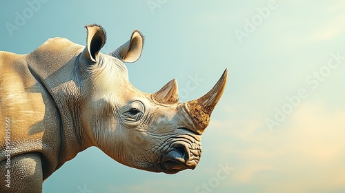 Close-up of rhino head with sharp horn under blue sky photo