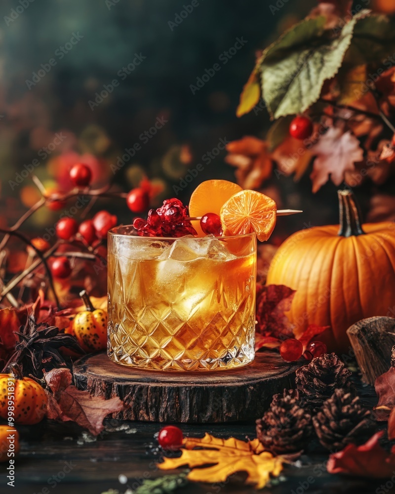 Autumn cocktail drink with fall decorations and pumpkins Autumn cocktail drink with fall decorations and pumpkins