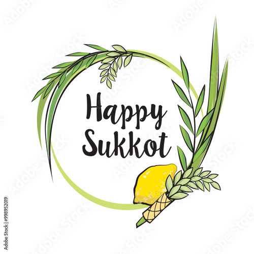 Happy sukkot. Etrog, lulav, sukkah. Jewish Holidays.