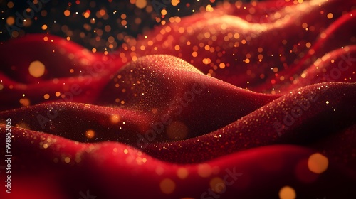 Red silk background with golden glittering particles, creating an elegant and luxurious atmosphere for Valentine's Day or luxury brand promotion