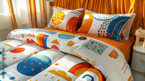 A vibrant, customized bedding set for children, featuring playful patterns and soft, durable fabrics.