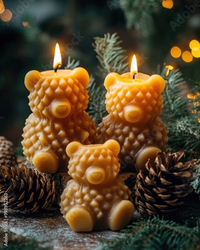 Natural beeswax candles in bear and pine cone shapes with honey artistic photography of beekeeping products in nature photo