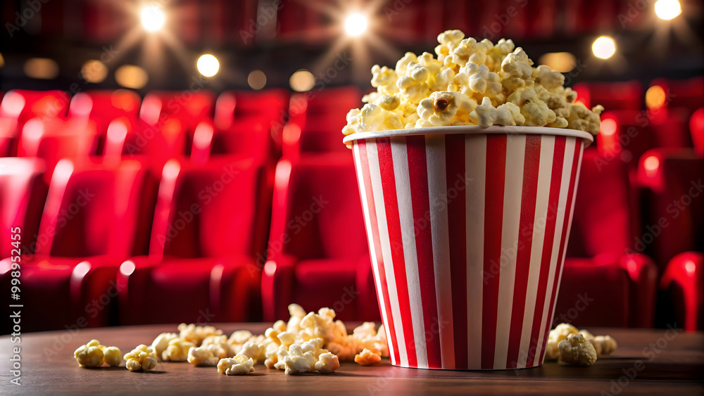 Popcorn in a Red and White Striped Bucket in a Movie Theater. Popcorn in a Red and White Striped Bucket in a Movie Theater.
