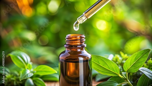 Essential Oil Dropper Bottle with Green Leaves.
