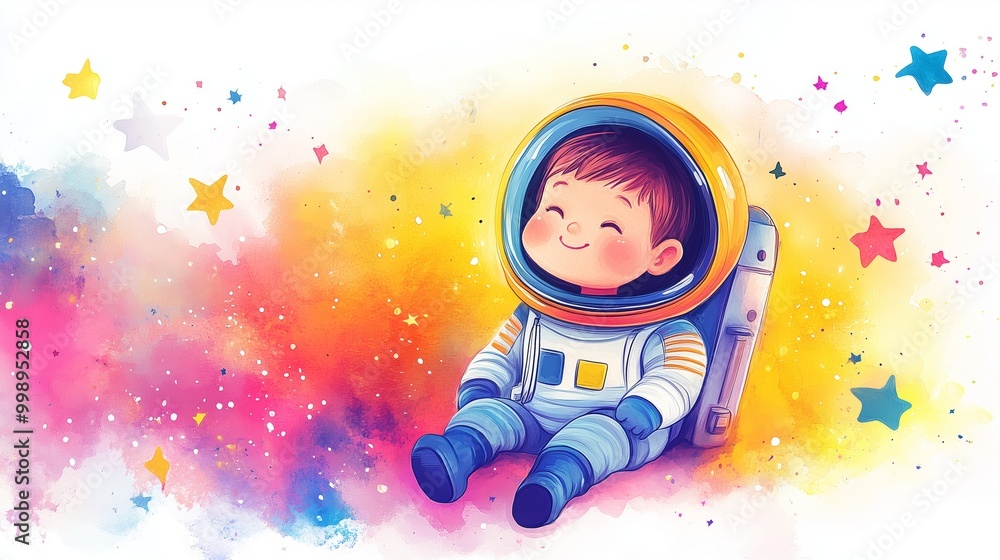 Fototapeta premium A happy child in a bright space suit amidst stars and cosmic colors in a dreamlike scene