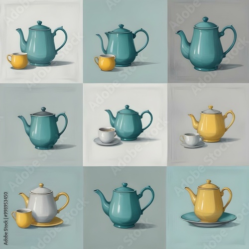 digital painting A grid of 9 framed images depicting teapot