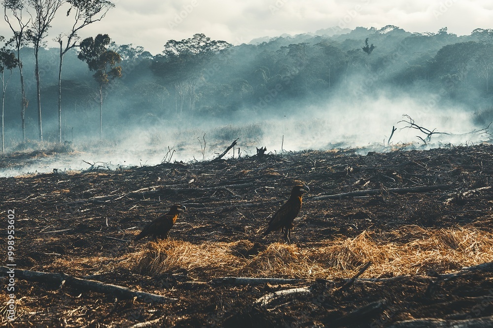 Two birds stand in deforested land with smoke. Two birds stand in deforested land with smoke.