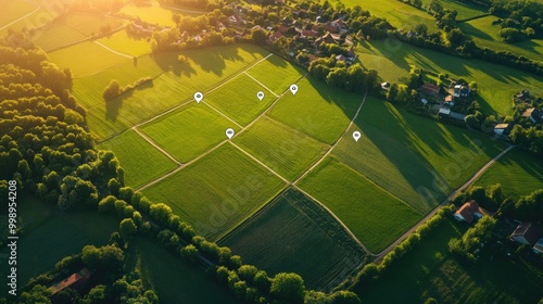 Aerial view of a green field with marked locations.