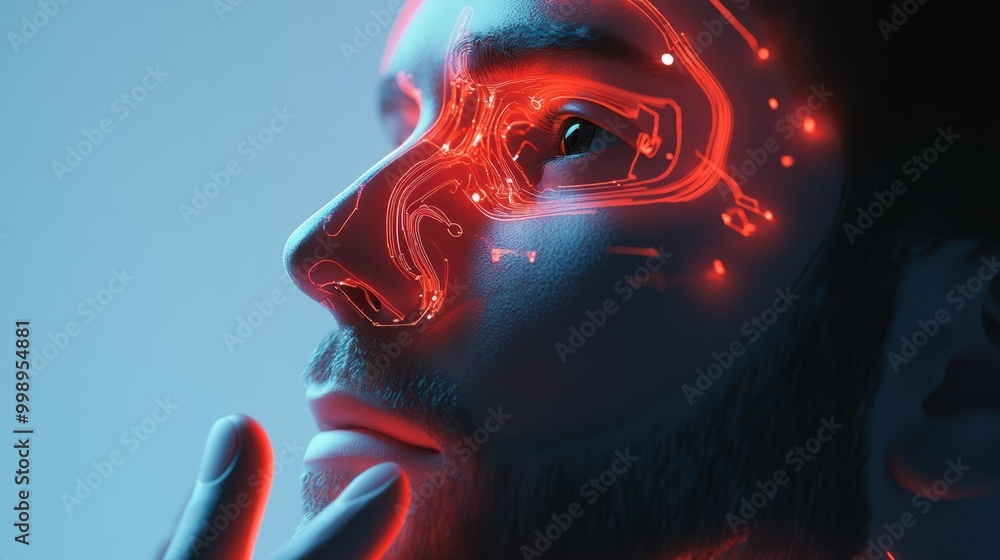 A Close-Up Portrait of a Man with Red Glowing Lines Across His Face A Close-Up Portrait of a Man with Red Glowing Lines Across His Face