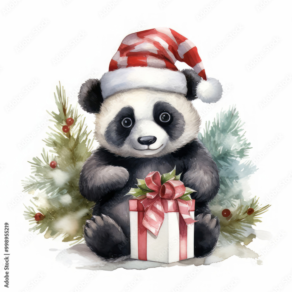 Christmas cute panda with hat and scarf illustration on white background, cute animal illustration for poster, Christmas card design, tshirt print Christmas cute panda with hat and scarf illustration on white background, cute animal illustration for poster, Christmas card design, tshirt print