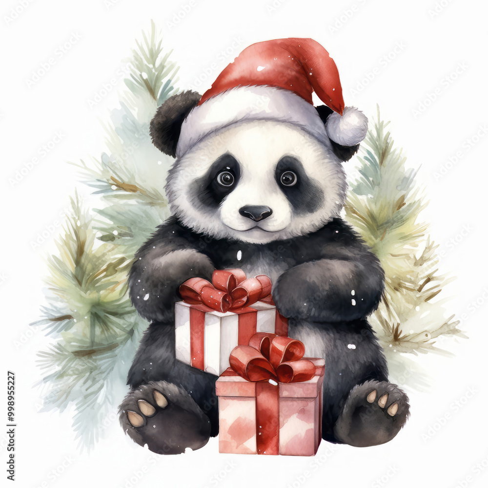 Christmas cute panda with hat and scarf illustration on white background, cute animal illustration for poster, Christmas card design, tshirt print Christmas cute panda with hat and scarf illustration on white background, cute animal illustration for poster, Christmas card design, tshirt print